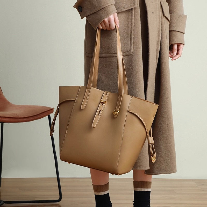 Genuine Leather Vintage Lock Buckle Tote Bag