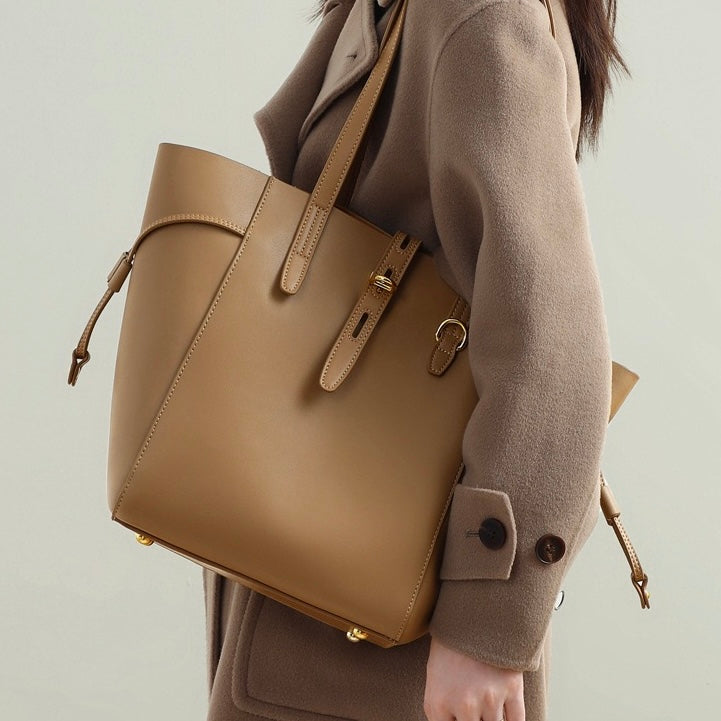 Genuine Leather Vintage Lock Buckle Tote Bag