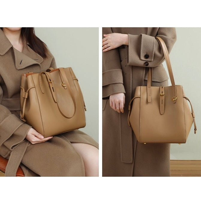 Genuine Leather Vintage Lock Buckle Tote Bag