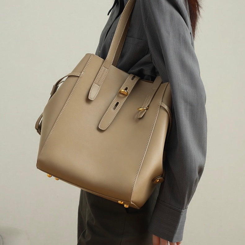 Genuine Leather Vintage Lock Buckle Tote Bag