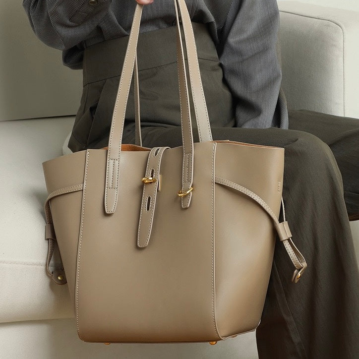 Genuine Leather Vintage Lock Buckle Tote Bag