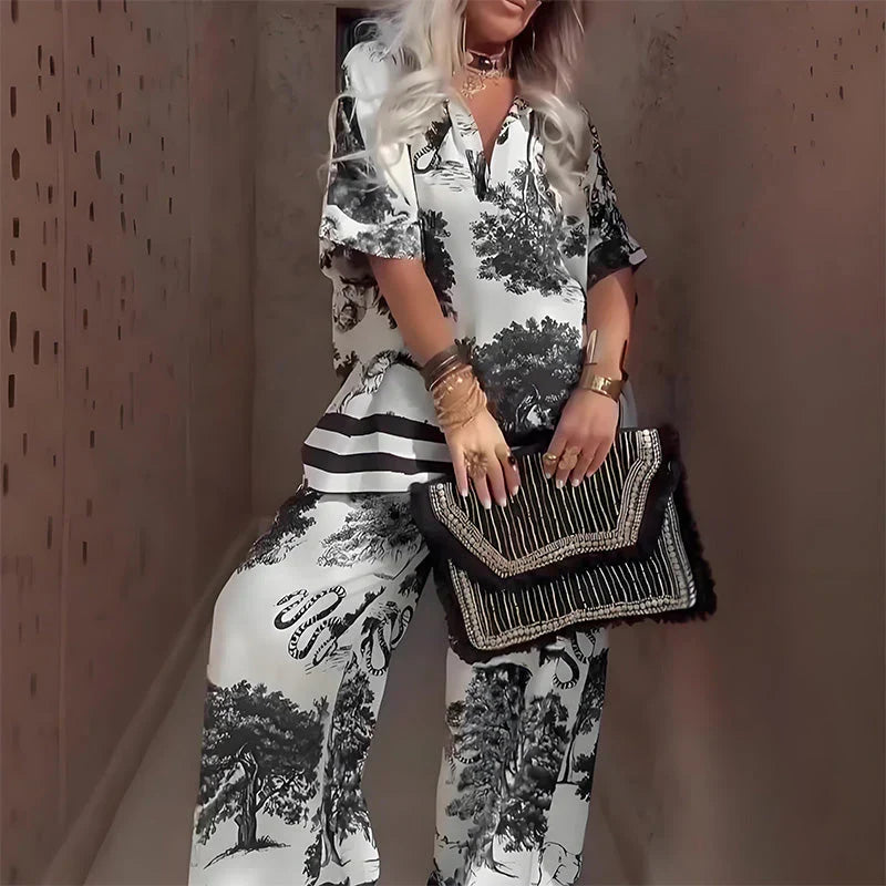 Tasha™ Printed V-Neck Top & Long Pants Set