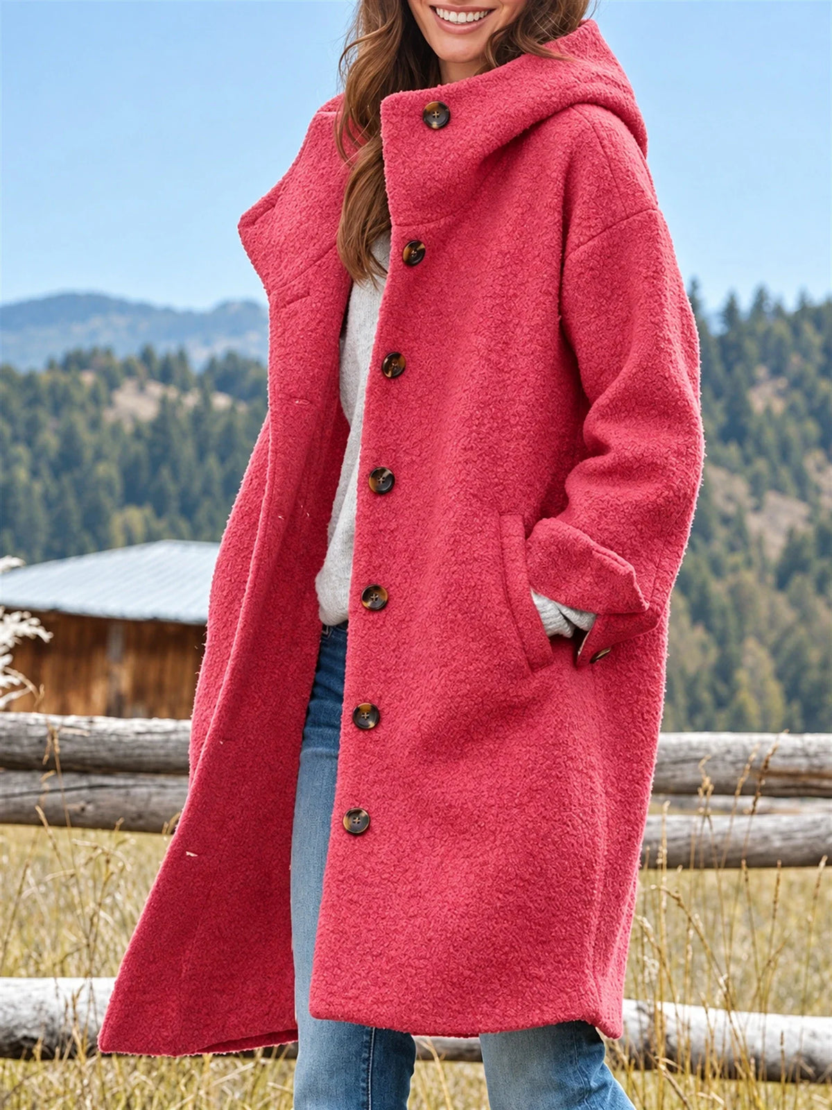 Victoria | Women's Long Hooded Button-Front Fleece Coat
