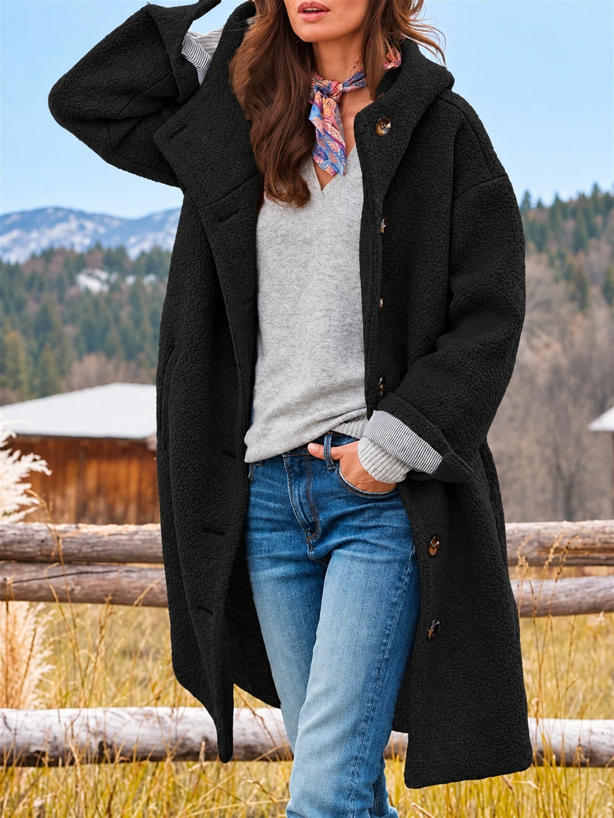 Victoria | Women's Long Hooded Button-Front Fleece Coat